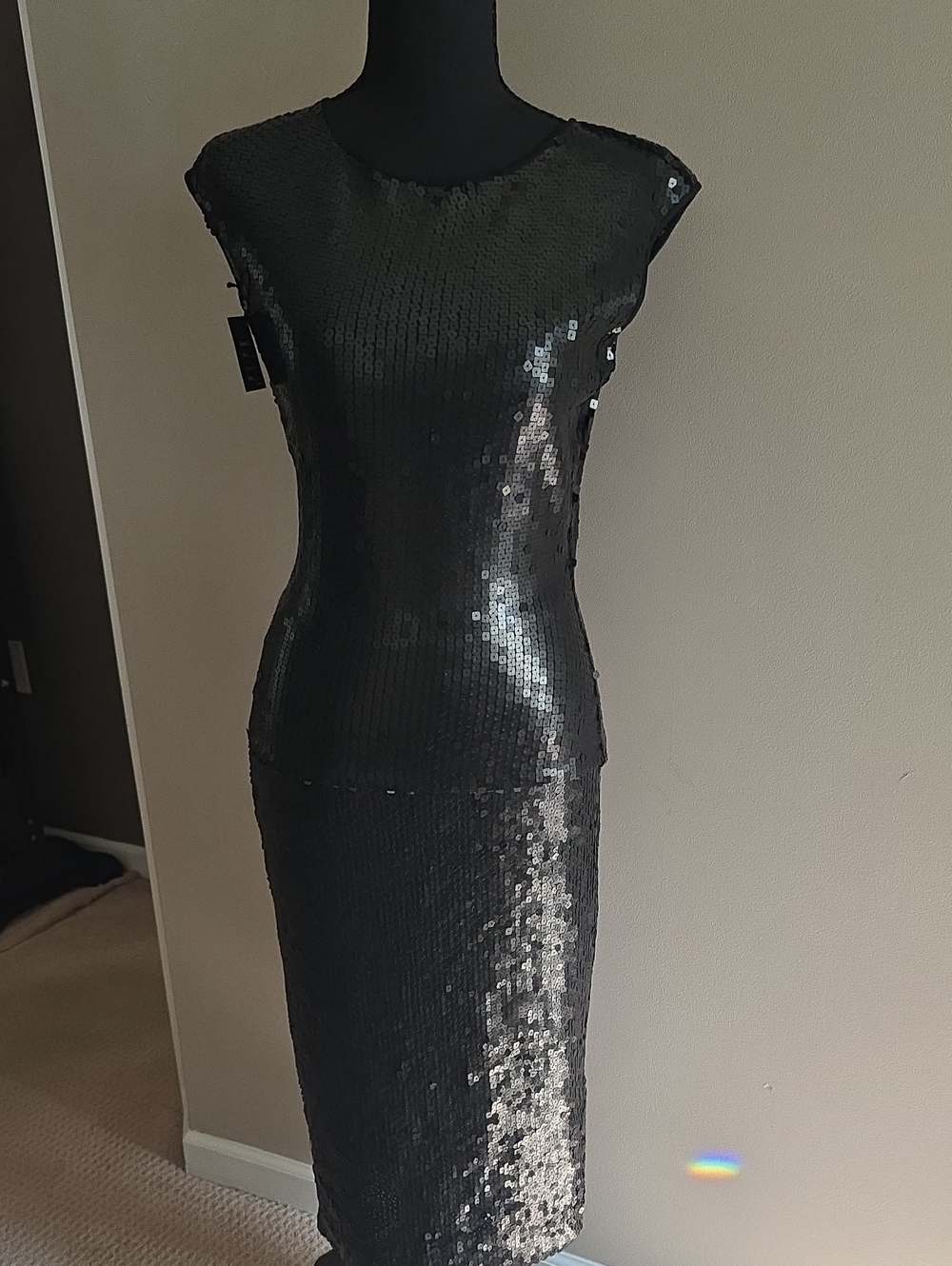 Pamela Dennis Black Sequined Cap-Sleeve Sheath Dress